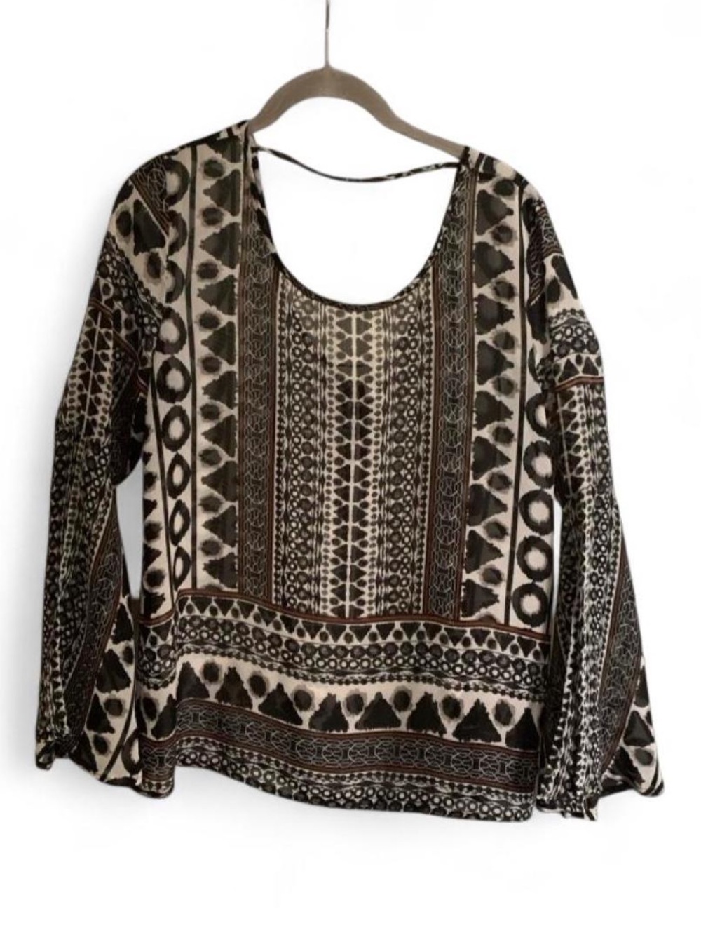 Boho Scoop-Neck Long Sleeve Blouse in Black & Cream rust accents